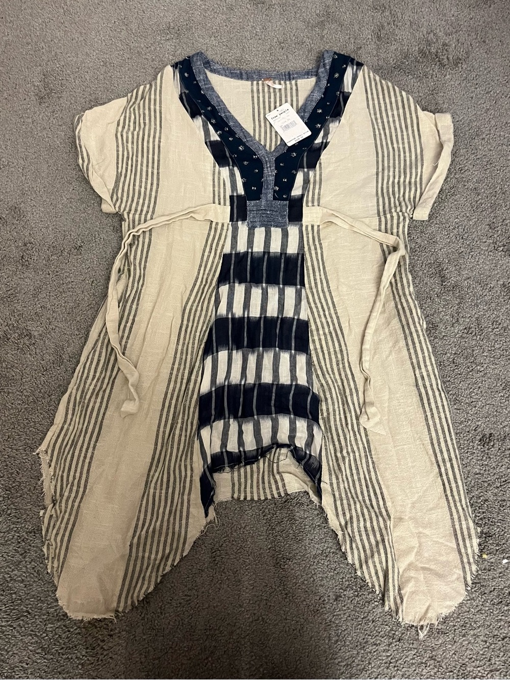 Free People Navy and Cream Mixed-Stripe V-Neck Tunic